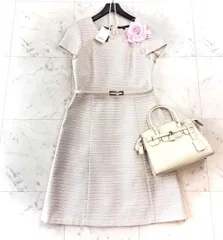 未使用タグ付♪ケティ 半袖ツイードフォーマルワンピース ベルト付 アイボリー L