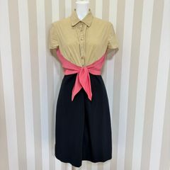 ★ PAULE KA ポールカ シャツワンピース ウエストリボン 半袖 ベージュ×ピンク×ネイビー マルチカラー サイズ:38 NO135
