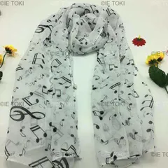 女性用サマースカーフ シルクシフォンネックスカーフ 音符プリント ソフトショール 高品質 伸縮性