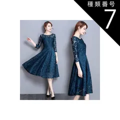 種類7：レッド/5XL ドレス ワンピース  パーティードレス  レースワンピース  ラウンドネック 膝下丈 ミモレ丈 七分袖 半袖   Aライン ベルト ハイウエスト 透け感 シースルー かわいい 大人可愛い きれいめ 上品 おしゃれ フェミニン  キュート