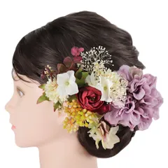 髪飾り 成人式 カスミソウ 振袖 前撮り 袴 花 薔薇 紫陽花 葉 実 薄紫 赤 白 クリーム色 薄黄色 紫ピンク 緑 ワインレッド 橙 No.9-5537