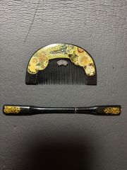 髪飾り　櫛　笄　和装小物　黒金銀彩色 蒔絵華紋様　k62301