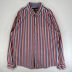 古着 トミーヒルフィガー TOMMY HILFIGER 長袖シャツ ロゴ 刺繍 大きいサイズ ボタンダウン XL マルチカラー ストライプ メンズ
