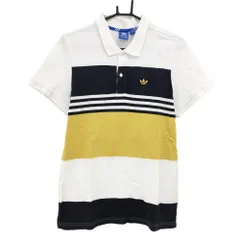 アディダスオリジナルス 半袖ポロシャツ 白×ネイビー×イエロー 一部ボーダー 綿100％ メンズ L ゴルフウェア adidas