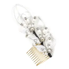 髪飾り コーム型 水引 ラインストーン パール シルバー 白 キラキラ ラメ リーフ 葉 丸 円 サークル 小さい かんざし かわいい No.9-3409