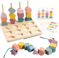 Hyack 紐通し おもちゃ ２歳 ひもとおし 幼児 色認知 木製 棒通し 型はめ 知育玩具 多機能
