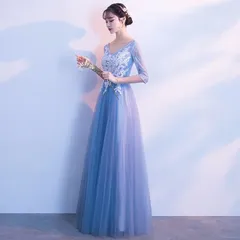 ブライズメイド ドレス ロング 二次会 パーティー 結婚式 袖あり Lサイズ ブルー Aラインドレス フォーマル ロング 謝恩会 二次会 お呼ばれ 卒業式 ピアノ 発表会 演奏会 20代 30代 40代 di840zekc