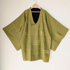 Japanese Haori dress Michiyuki coat Reversible Rapeseed oil color,Black Silk Kimono Jacket 長羽織 羽織 正絹 道行コート リバーシブル 菜種油色、黒  一点物 和洋折衷
