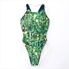 ●SE3P78☆arenaアリーナ競泳水着 Lサイズ さらぴた アーティスティックなデザイン オープンバック 紺緑 レディース 練習用水着 フィットネスジムプール ワンピース■