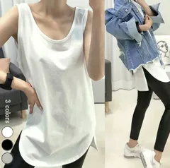 3A34 【在庫限り！】【在庫処分！】レイヤードタンクトップ つけ裾 付け裾　レイヤードトップス Tシャツ スリット ラウンド 前短い 重ね着風 裾 ホワイト ブラック グレー【送料無料】 バーゲン