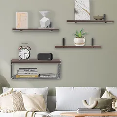 壁掛け棚約W40cm DIY ×D11cm 木製コーナーフレーム と1個金属収納棚 ウォールシェルフ 壁掛け式物置ハンガー 玄関/キッチン/寝室/リビング/浴室/トイレ/洗濯室 5個セット の貯蔵と壁掛け収納棚 取り付け簡単(ダークブラウン)