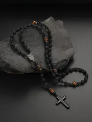 ジュエリー メンズ ネックレス 1pc ヴィンテージスタイルブラックビーズ火山岩 & タイガースアイストーン合金クロスペンダントネックレス、男性の日常着に最適