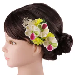 髪飾り 成人式 振袖 前撮り 袴 ちりめん つまみ細工 花 黄色 ピンク 黄緑 白 造花 カスミソウ レース ビーズ 小さい 2点セット No.9-5636