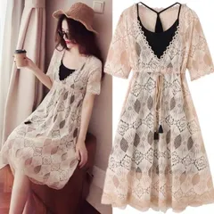 2点セット ワンピース キャミソール ワンピドレス 膝丈 ひざ丈 袖あり 半袖 Vネック 襟なし Aライン レース ツーピース かわいい 大人可愛い シンプル 大人 おしゃれ レトロ アジアン エスニック ラフ ラブリー キュート ガーリー セクシー 柄 夏 