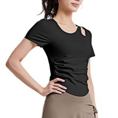 【人気商品】アシンメトリーカッティング tシャツ カップ付き 半袖 吸汗速乾 プラクティスシャツ ショート丈 トップス ストレッチ バレエ レディース テニス ヨガウェア フィットネス [Asodeer] 運動用