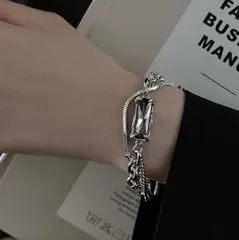 ブレスレット メンズ シルバー Wチェーン ストーン 韓国ファッション ストリート モード系 カジュアル ユニセックス アクセサリー おしゃれ 重ね付け風 クール 人気 シンプル プレゼント ギフト デート 普段使い 春夏 秋冬