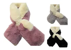 レディースマフラー ふわふわモコモコ バイカラービーズ付きファーマフラー  ピンクｘオフ グレーｘオフ ブラックｘオフ BBM-1848