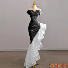 イブニングドレス オフショルダー マーメイド フリル ブラック シースルー お洒落 エレガント フェミニン かわいい 大人っぽい ラメ 編み上げ 二次会 パーティードレス パーティーシーン 大きいサイズ