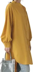 Elixio エリクシオ ゆったり シャツワンピース レディース チュニック 長袖 薄手 襟なし ノーカラー 羽織り パフスリーブ 大きめ 体型カバー カジュアル 秋 秋服(イエロー,  M)