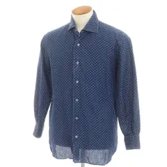 【中古】オリアン ORIAN リネンコットン ドット ワイドカラー カジュアルシャツ ネイビーxホワイト【サイズM】【メンズ】