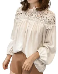 [Four leaf] [フォーリーフ] きれいめ ブラウス 肩レース レディース 長袖 おしゃれ 切り替え プルオーバー カットソー トップス シャツ 春 秋 大きいサイズ 通勤 (L, 白) [ホワイト] [L]