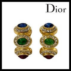 Y【Dior】イヤリング カラーストーン ラインストーン ゴールド/金カラー ブルー/青 グリーン/緑 ピンク ヴィンテージ Christian Dior/クリスチャンディオール (325TT1)