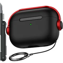 【在庫処分】R-fun Airpods Pro携帯ケース（第2世代/第1世代、2023/2022/2019）、セキュリティロックとクリーニングキット付き、音楽イヤホン保護カバーとAirpods Pro 2互換性（USB-C/稲妻線）、ブラック/レッド