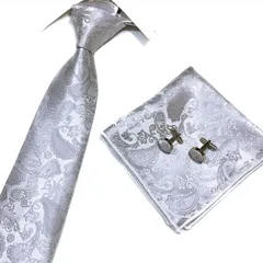 ネクタイ ポケットチーフ ハンカチ カフスボタン　カフス 3点セット　結婚式 イベント パーティー ダンスパーティー 卒業式 入学式 入社式 ペイズリー　シルバー色　ホワイト色