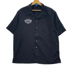 PORT AUTHORITY オープンカラーシャツ 開襟シャツ レーヨンシャツ 半袖 シャツ ボタンダウン ワンポイント刺繡 オーバーサイズ ビッグシルエット ベトナム製 Lサイズ ブラック