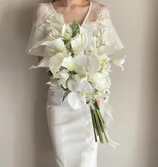 ウェディングブーケ  ブートニア　アーティフィシャルフラワー　造花ブーケ　white×naturalgreenカラーブーケ