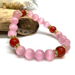 キャッツアイ(ピンク)×赤瑪瑙 パワーストーン ブレスレット  (ゴールド) メンズ・レディース　男性・女性　数珠ブレス 開運 [23]