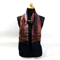 イヴサンローラン 長方形 シルク スカーフ ネイビー マルチカラー ペイズリー柄 中古 ABランク YVESSAINT LAURENT レディース 女性用 YSL 透け感のサムネイル