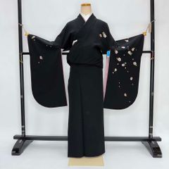 二尺袖 単品 卒業式着物 黒 kansai 裄69cm LLサイズ  袴用着物 化繊 中古 4582
