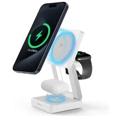 【 Qi2認証 急速充電 】3in1 ワイヤレス充電器 iPhone15/14/13/12対応15W MagSafe対応 Apple Watch/AirPods同時充電 折りたたみ式 スタンド型 省スペース 持ち運び便利 Lumos (ホワイト) [ホワイト]