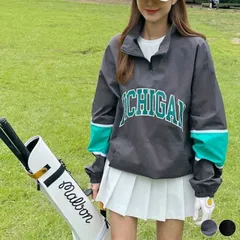 ゴルフウェア レディース 韓国 ハーフジップ ロゴ 秋 春 ジップアップ トップス 長袖 バイカラー おしゃれ ブラック グレー ゆったり おおきめ 体系カバー ゴルフ スポーツ スポーティー アウター