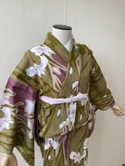 B 作家物 菖蒲の花模様 水墨画 縦絽 生成色 正絹 薄物 絽 紗 訪問着 着物 B 作家物 菖蒲の花模様 水墨画 縦絽 生成色 正絹 薄物 絽 紗