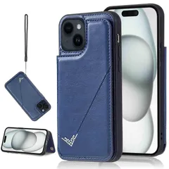 【在庫セール】収納 背面カード スマホケース 軽量 6.1インチ 多機能 （ネイビーブルー）アイフォン16 ケースカード ケース inch 6.1 手帳型 16 IPHONE16 iPhone 用 BLUE 【Aqier】カバーのサムネイル