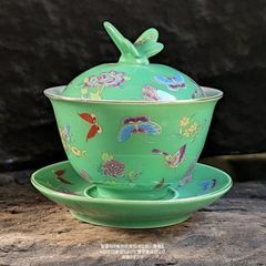 蝶型つまみ付き 緑琺瑯彩 三才蓋碗 蓋付き茶碗 花蝶模様 中華風 功夫茶器