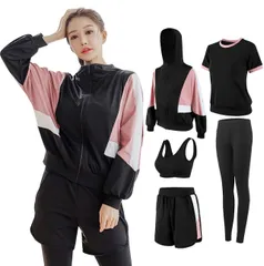スポーツウェア レディース ヨガウェア トレーニングウェア ランニングウェア 上下 5点セット フィットネス ジャージ スポーツブラ ロングタイツ パーカー 半袖 短パンツ 伸縮性 吸汗速乾