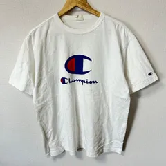 (^w^)b Champion チャンピオン クルーネック 半袖Tシャツ コットン 綿100% ビッグロゴ フロントプリント シンプル アメカジ 古着MIX デイリー タウンユース ホワイト 白 メンズ サイズL
