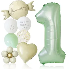 【新品】 deerzon くすみグリーン 1歳 くすみカラー 数字 バルーン 誕生日 飾り付け 10点 セット 大きい 65cm くすみ ニュアンスカラー ナンバーバルーン バースデー 0