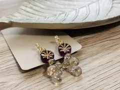 揺れる水滴イヤリング　ノンホールピアス　紫　パープル