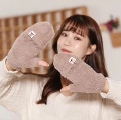 2way手袋　ミトン　フィンガーレス　防寒保温　スマホに便利　ニット　ブラウン