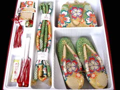 着物美人 送料込み 七五三 女の子 箱セコセット 大 L 7.6.8歳 女の子着物用 七五三着物用 3歳着物用 女の子箱セコ  女の子草履バック 女の子帯締め 子供 女児 キッズ ジュニア 箱セコ 草履 21cm バック 帯締【緑 金 桜 絵羽】m523537