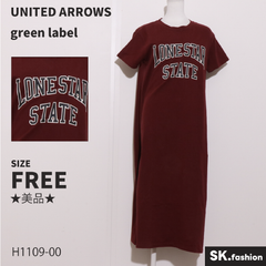 ★美品★ UNITED ARROWS green label relaxing ユナイテッドアローズ ワンピース　ロング丈　半袖　Aライン　英字プリント　コットン100％ 　レッド　 【H1109-00】 送料無料　古着　レディース