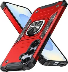 Galaxy S25 用 ケース リング付き 耐衝撃 カバー 薄型 tpu 米軍MIL規格 衝撃吸収 指紋防止TPU+PC材質 滑り止め リング付き車載ホルダー対応 落下防止 スタンド機能 傷つけ防止 レンズ保護 一体型 カバー 赤 800