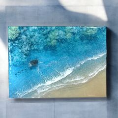 <カルガモ風ウミガメの親子>  超立体  沖縄の海 レジンアートボード　美ら海　オーシャンアート　N018