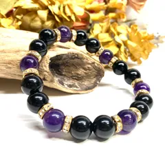 モリオン&アメジスト パワーストーン ブレスレット 天然石ブレス (ゴールド)　10mm　メンズ・レディース 厄除け 恋愛運 お守り  ☆