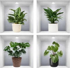 sac taske ウォールステッカー 観葉植物 壁紙シール ウォールシール 鉢植え インテリア ショート 4本(グリーン)