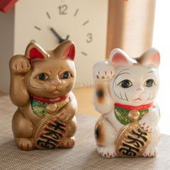 2点 レトロ招猫(金)　招猫(右手)貯金箱　招き猫　 置物 陶器　縁起物 雑貨 インテリア ギフト プレゼント かわいい おしゃれ 新築祝い 結婚祝い お祝い 母の日 父の日 敬老の日 記念品　K6596-K5245